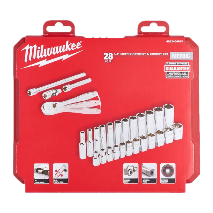 Milwaukee 1/4 Drive Ratchet & Socket Set Metric - 28 Pcs