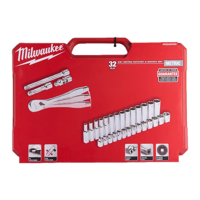 Milwaukee 3/8 Drive Ratchet & Socket Set Metric - 32 Pcs