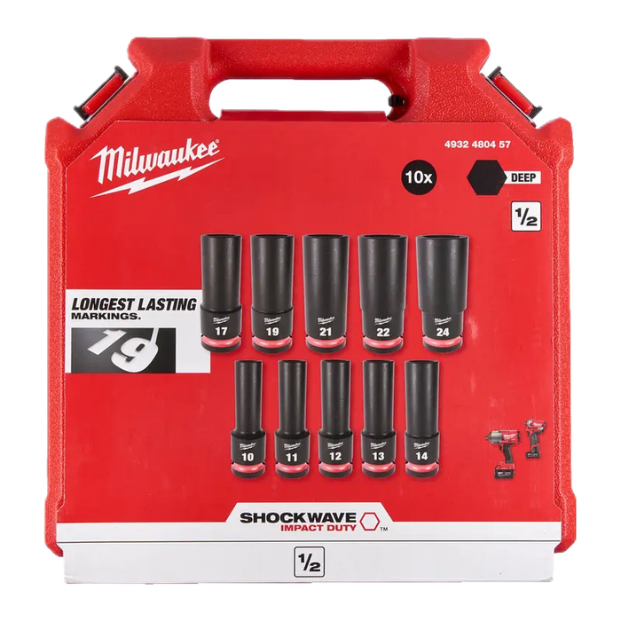 Milwaukee Shockwave Impact Duty 1/2 Inch Impact Socket Set Deep - 10 Pc